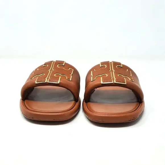 Tory Burch Double T Sport Slide Sandal Leather Bourbon Miele Gold 79985 Size 8.5 - Picture 6 of 10